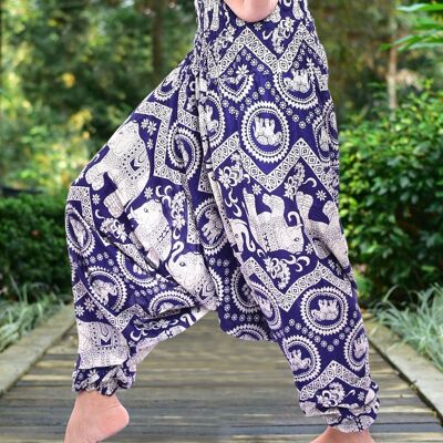 Bohotusk Navy Blue Elephant Print Low Crotch Harem Pants Womens Elasticated Smocked Waist , Small / Medium (UK Size 8 - 12)