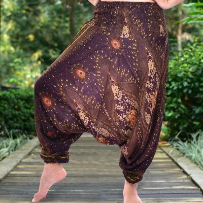 Bohotusk Brown Moonshine Low Crotch Harem Pants Womens Elasticated Smocked Waist , Small / Medium (UK Size 8 - 12)
