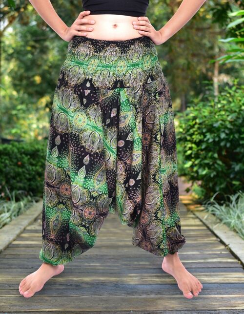 Bohotusk Green Teardrop Low Crotch Harem Pants Womens Elasticated Smocked Waist , Small / Medium (UK Size 8 - 12)