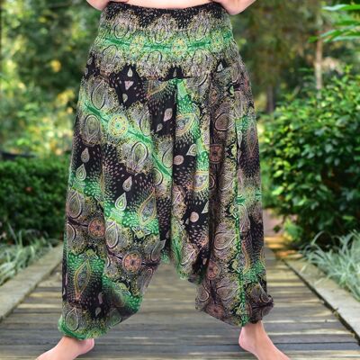 Bohotusk Green Teardrop Low Crotch Harem Pants Womens Elasticated Smocked Waist , Small / Medium (UK Size 8 - 12)