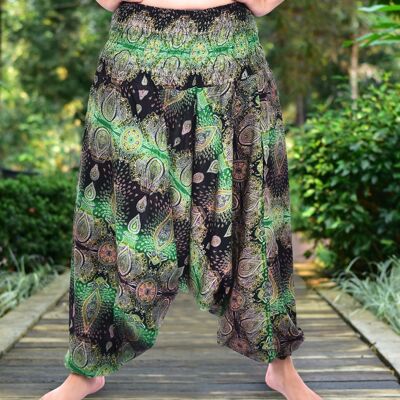 Bohotusk Green Teardrop Low Crotch Harem Pants Damen Elastische gesmokte Taille, Small / Medium (UK Size 8 - 12)