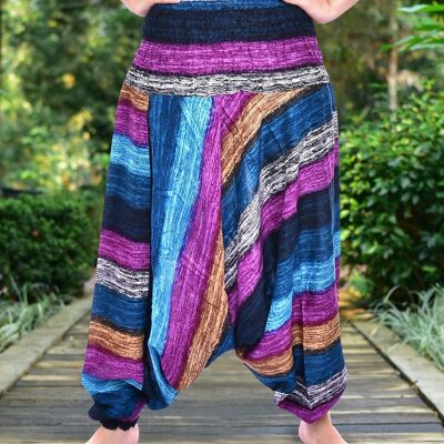 Bohotusk Purple Multi Stripe Low Crotch Harem Pants Womens Elasticated Smocked Waist , Small / Medium (UK Size 8 - 12)