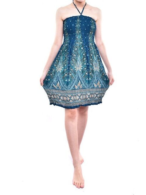 Bohotusk Teal Green Peacock Print Short Mini Tube Dress With Tie Neck , Large / X-Large (UK 14 - 16)