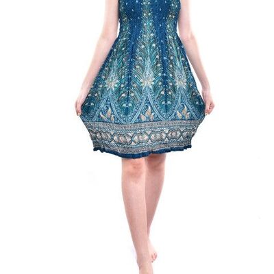 Bohotusk Teal Green Peacock Print Short Mini Tube Dress With Tie Neck , Large / X-Large (UK 14 - 16)