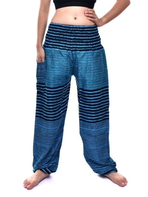 Bohotusk Mid Blue Patch Stripe Print Elasticated Smocked Waist Womens Harem Pants , Small / Medium (Size 8 - 12)