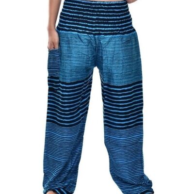 Bohotusk Mid Blue Patch Stripe Print Élastique Smocked Waist Womens Harem Pants, Small / Medium (Taille 8 - 12)
