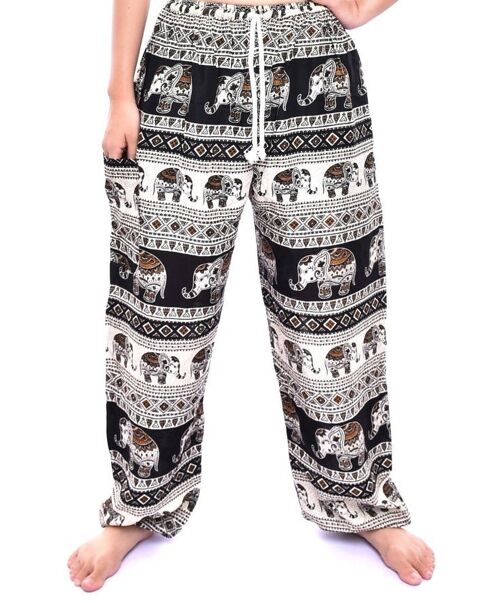 Bohotusk Black Elephant Savannah Womens Harem Pants Tie Waist , Large / X-Large (Size 14 - 16)