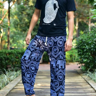 Bohotusk Hombre Azul Elefante Tusker Harem Pantalones Cuerda Lazo Cintura, Mediano/Grande (Hombre)