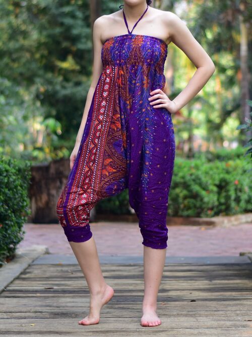 Bohotusk Purple Peacock Print Jumpsuit , Large / X-Large (Size 14 - 18)