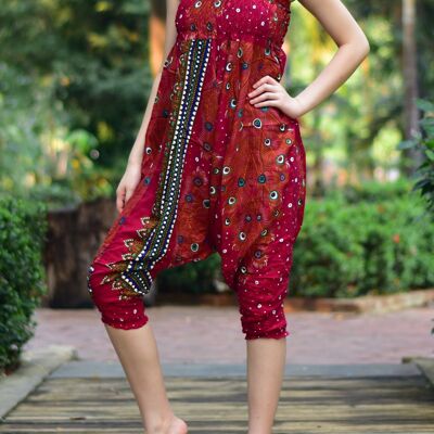 Bohotusk Red Peacock Print Jumpsuit , Large / X-Large (Size 14 - 18)