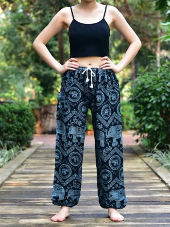 Bohotusk Black Elephant Tusker Print Womens Harem Pants Tie Waist, Small / Medium (Taille 8 - 12) 1