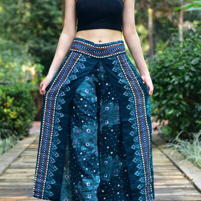 Bohotusk Teal Peacock Pantalon Palazzo Femme, Large/X-Large (UK 16-18)