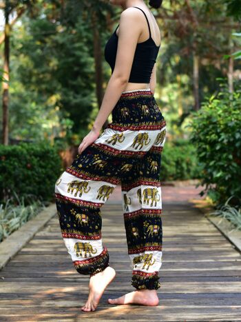 Bohotusk Pantalon sarouel femme taille smockée élastique imprimé rayures éléphant noir, petit/moyen (taille 8-12) 2