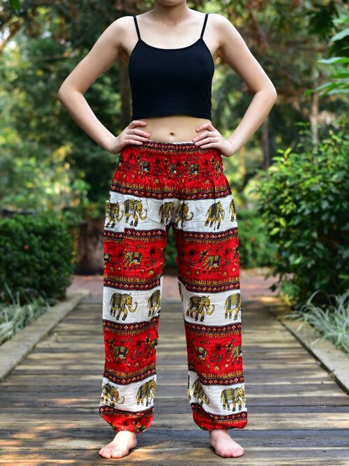 Bohotusk Red Elephant Stripes Print Elasticated Smocked Waist Womens Harem Pants , Small / Medium (Size 8 - 12)