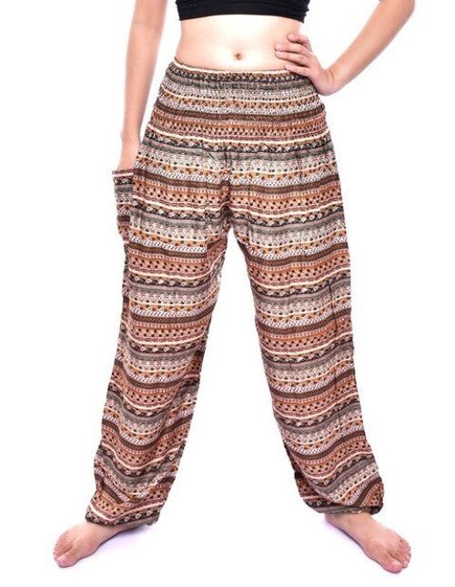 Bohotusk Brown Chill Stripe Print Elasticated Smocked Waist Womens Harem Pants , Small / Medium (Size 8 - 12)