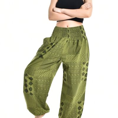 Bohotusk Mujer Otoño Verde Lunar Cotton Harem Pantalones, Pequeño / Mediano (Talla 8 - 12)