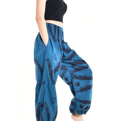 Bohotusk Womens Autumn Blue Swirl Cotton Harem Pants , Small / Medium (Size 8 - 12)