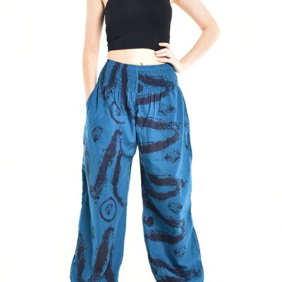 Bohotusk Womens Autumn Blue Swirl Cotton Harem Pants , Large / X-Large (Size 14 - 18)