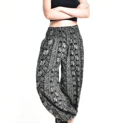 Bohotusk Pantalon sarouel en coton imprimé éléphant noir pour femme, petit/moyen (taille 8 à 12)