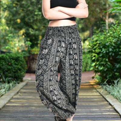 Bohotusk Pantalon sarouel en coton imprimé éléphant noir pour femme, 2XL / 3XL (taille 18 - 20)
