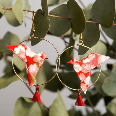 Créoles origami - Colombes et pompons rouges