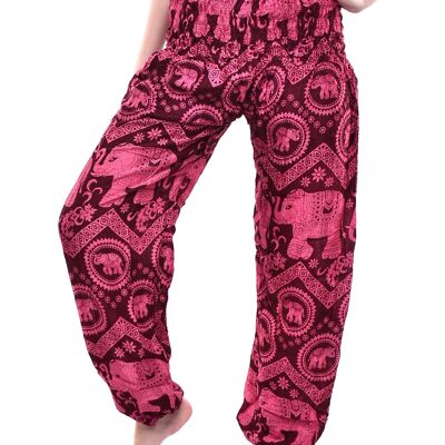 Bohotusk Red Pink Elephant Tusker Elasticated Smocked Waist Womens Harem Pants , Small / Medium (Size 8 - 12)