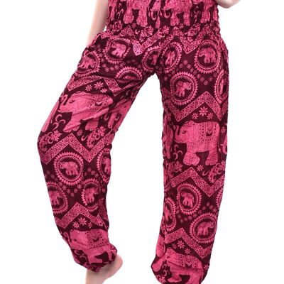 Bohotusk Red Pink Elephant Tusker Elástico Smocked Cintura Mujer Harem Pantalones, Grande / X-Large (Talla 14 - 18)