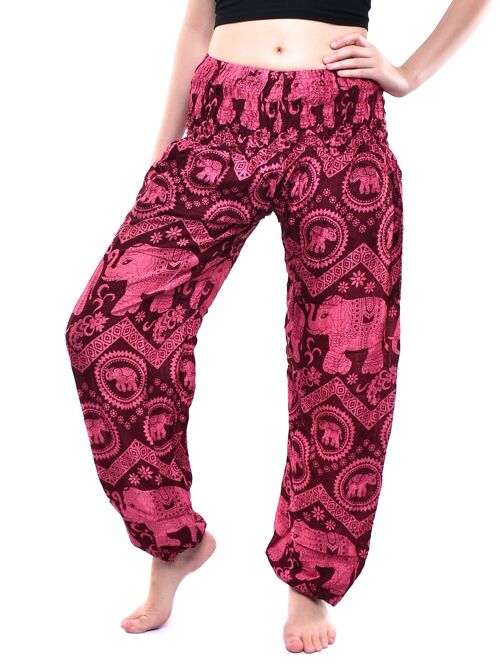 Bohotusk Kids Red Pink Elephant Tusker Elasticated Smocked Waist Harem Pants , (9 - 12 Years)