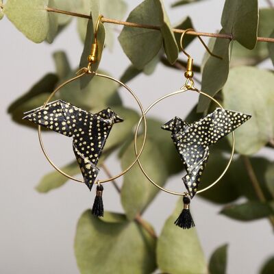 Origami hoop earrings - Black and gold doves and pompoms