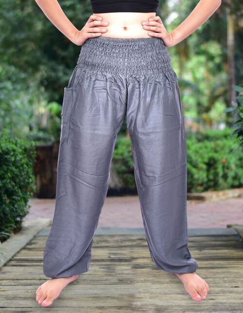 Bohotusk Steel Grey Plain Elasticated Smocked Waist Womens Harem Pants , Small / Medium (Size 8 - 12)