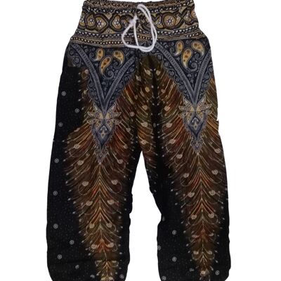Bohotusk pantalones harén con cordón en la cintura con estampado de pavo real en oro negro, (6 - 8 años)