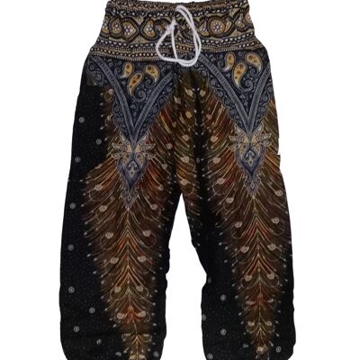 Bohotusk Pantaloni Harem in vita con coulisse in oro nero con stampa pavone, (6 - 8 anni)