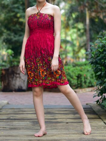 Bohotusk Mini-robe tube courte à imprimé floral rouge foncé avec col à nouer, Large / X-Large (UK 14 - 16) 2