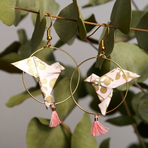 Créoles origami - Colombes et pompons roses