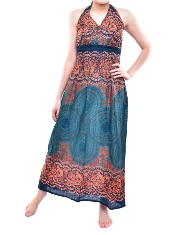 Bohotusk Dark Teal Aztec Print Tie Neck Maxi Dress, Small / Medium (UK 8 - 12) 1