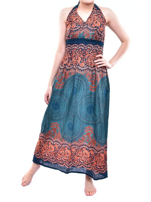 Bohotusk Dark Teal Aztec Print Tie Neck Maxi Dress , Large / X-Large (UK 14 - 16)