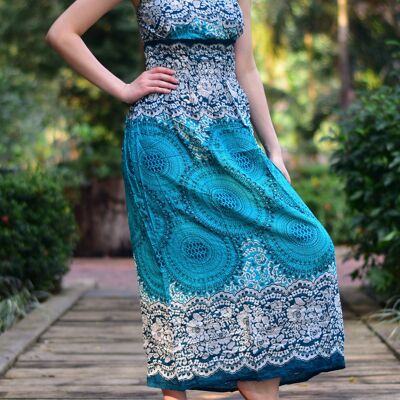 Bohotusk Teal Sun Glow Stampa Tie Neck Maxi Dress, Small / Medium (UK 8 - 12)