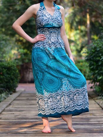 Bohotusk Teal Sun Glow Print Tie Neck Maxi Dress, Small / Medium (UK 8 - 12) 1