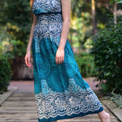 Bohotusk Teal Sun Glow Stampa Tie Neck Maxi Dress, Large / X-Large (UK 14 - 16)