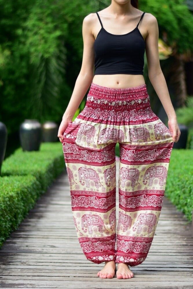 Bohotusk Red Elephant Herd Print Elasticated Smocked Waist Womens Harem Trousers , Large / X-Large (Size 14 - 18)