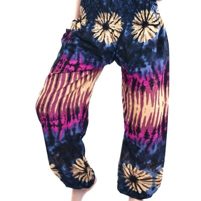 Bohotusk Black Blue Desert Flower Print Elasticated Smocked Waist Womens Harem Pants , Small / Medium (Size 8 - 12)