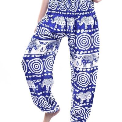 Bohotusk Mid Blue Elephant Bullseye Print Elasticated Smocked Waist Womens Harem Pants , Large / X-Large (Size 14 - 18)