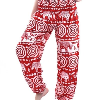 Bohotusk Red Elephant Bullseye Print Elasticated Smocked Waist Womens Harem Pants , Small / Medium (Size 8 - 12)