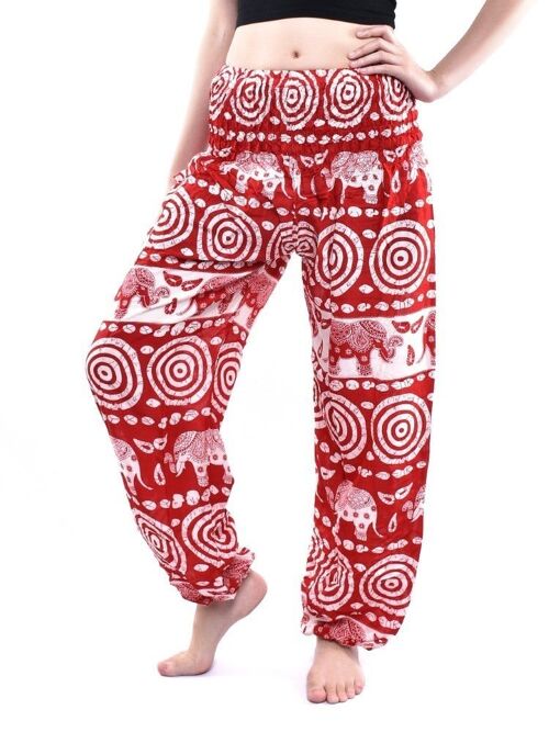 Bohotusk Red Elephant Bullseye Print Elasticated Smocked Waist Womens Harem Pants , Large / X-Large (Size 14 - 18)
