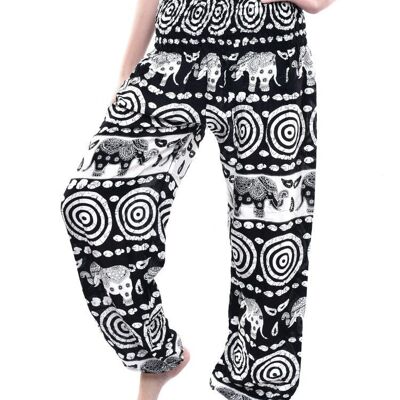 Bohotusk Black Elephant Bullseye Print Elasticated Smocked Waist Womens Harem Pants , Small / Medium (Size 8 - 12)