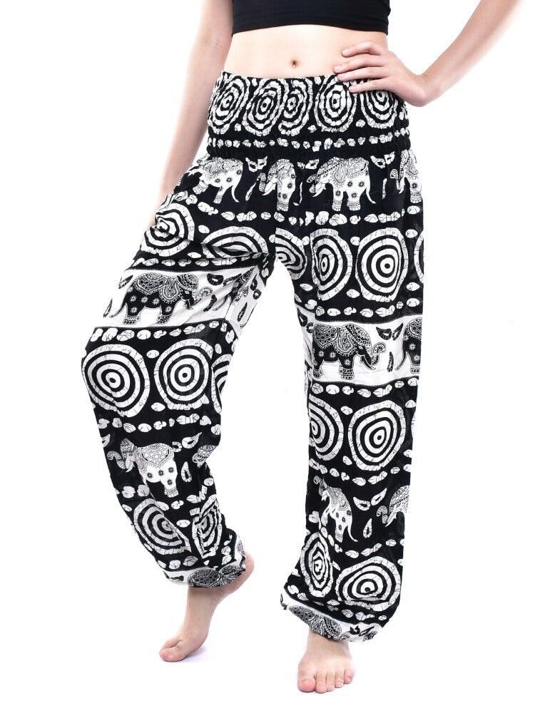 Bohotusk Black Elephant Bullseye Print Elasticated Smocked Waist Womens Harem Pants , Large / X-Large (Size 14 - 18)