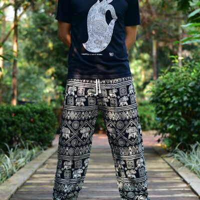 Bohotusk - Pantalones de harén con estampado de elefante negro para hombre, cordón en la cintura, mediano/grande (hombres)
