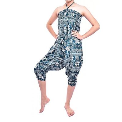 Bohotusk Green Elephant Print Jump Suit 2 in 1 Low Drop Crotch Harem Pants Design), Small / Medium (UK Size 8 - 12)
