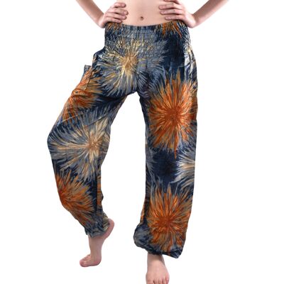 Bohotusk Teal Firework Print Pantalones elásticos con cintura fruncida para mujer, pequeño/mediano (talla 8 - 12)