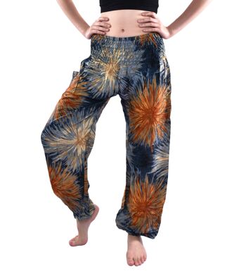 Bohotusk Teal Firework Print Pantalon sarouel pour femme à taille smockée élastiquée, Small / Medium (Taille 8 - 12)